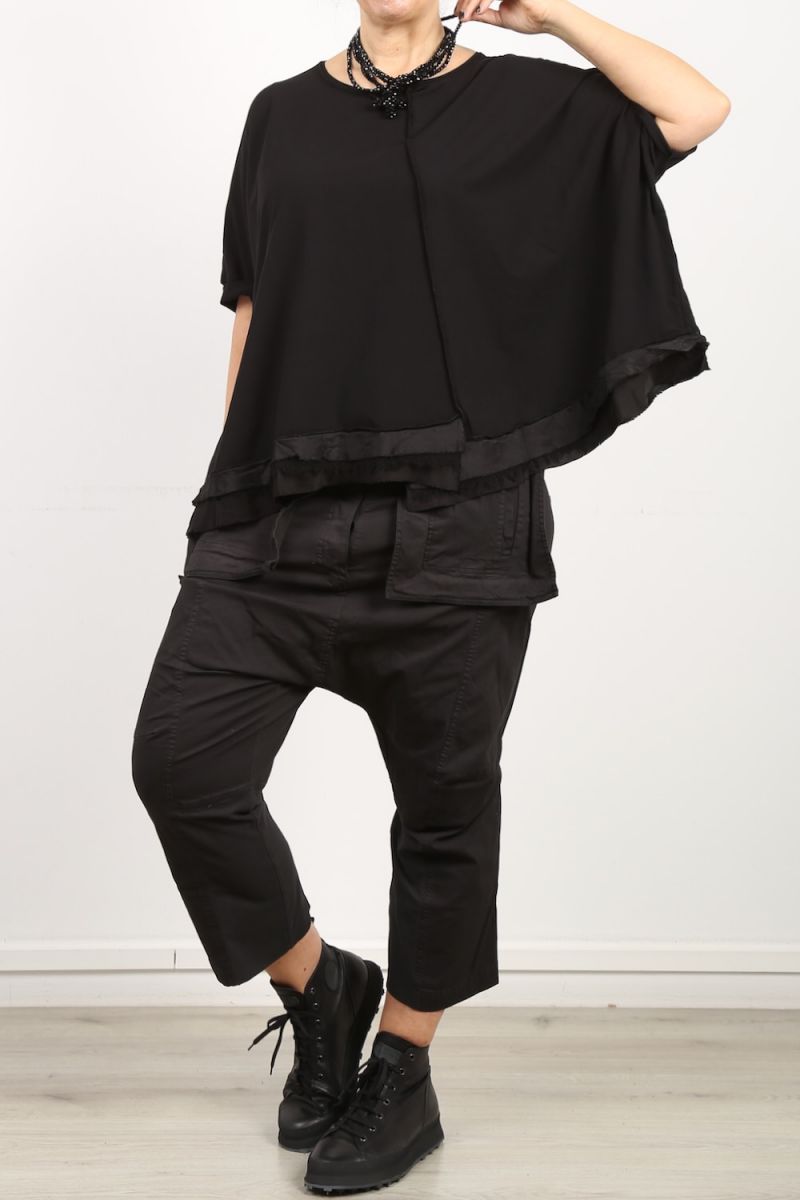 Jersey mit Kurzarm Shirt rundholz stilechtonline.de 0512 Oversize black damenmode 156 - kaufen Stretch Cotton Einsätzen seideähnlichen avantgardistische - -