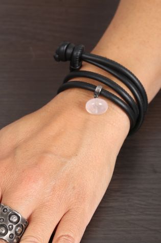 darkgem - Leather bracelet loop ROCKIT with rose quartz ball clip silver 925