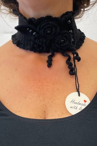 Neck warmer crocheted with glass stones Handmade with Love black